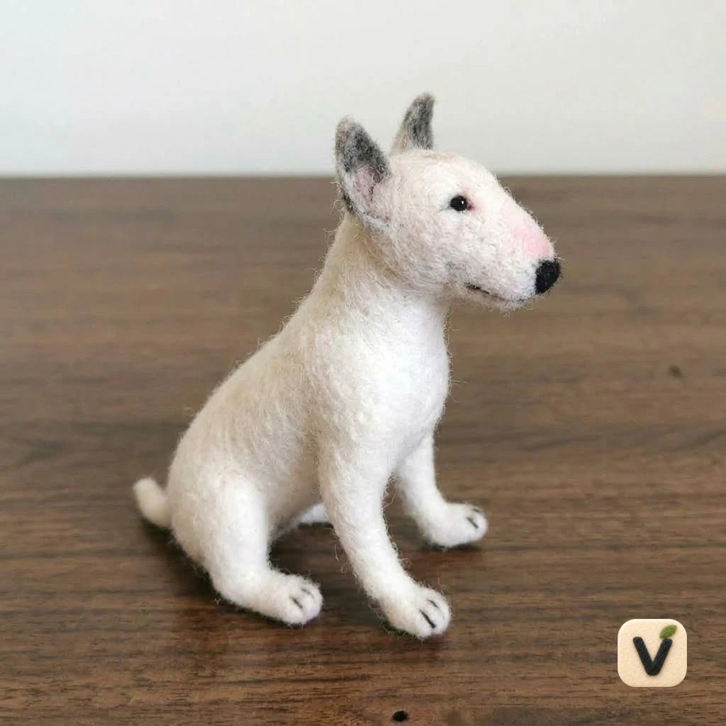 Handmade Wool Felt White Bull Terrier Figurine – Realistic Breed Dog Tabletop Decor