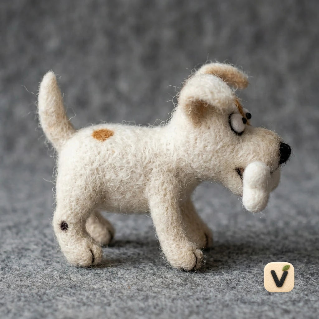 Handmade Wool Felt Spotted Puppy Figurine with Felt Bone in Mouth – Funny Cartoon Dog Desktop Decor