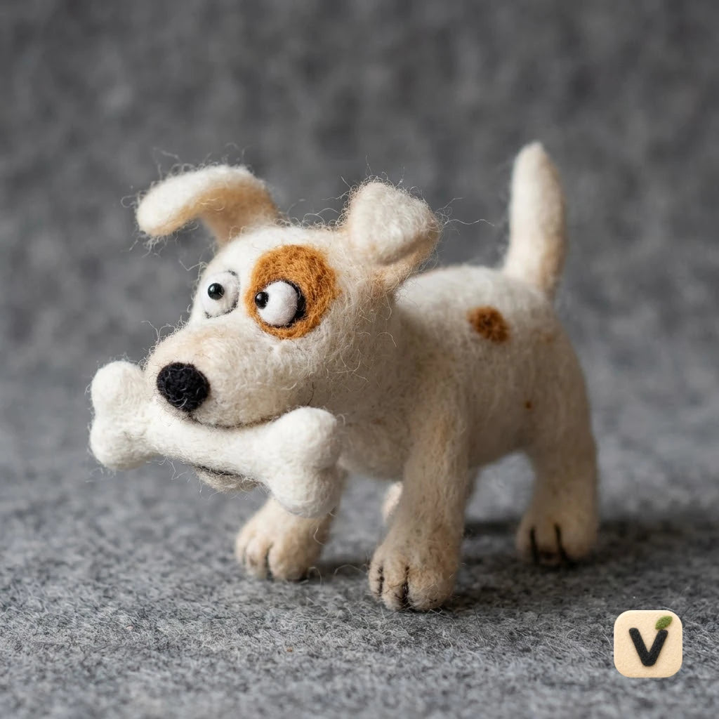 Handmade Wool Felt Spotted Puppy Figurine with Felt Bone in Mouth – Funny Cartoon Dog Desktop Decor