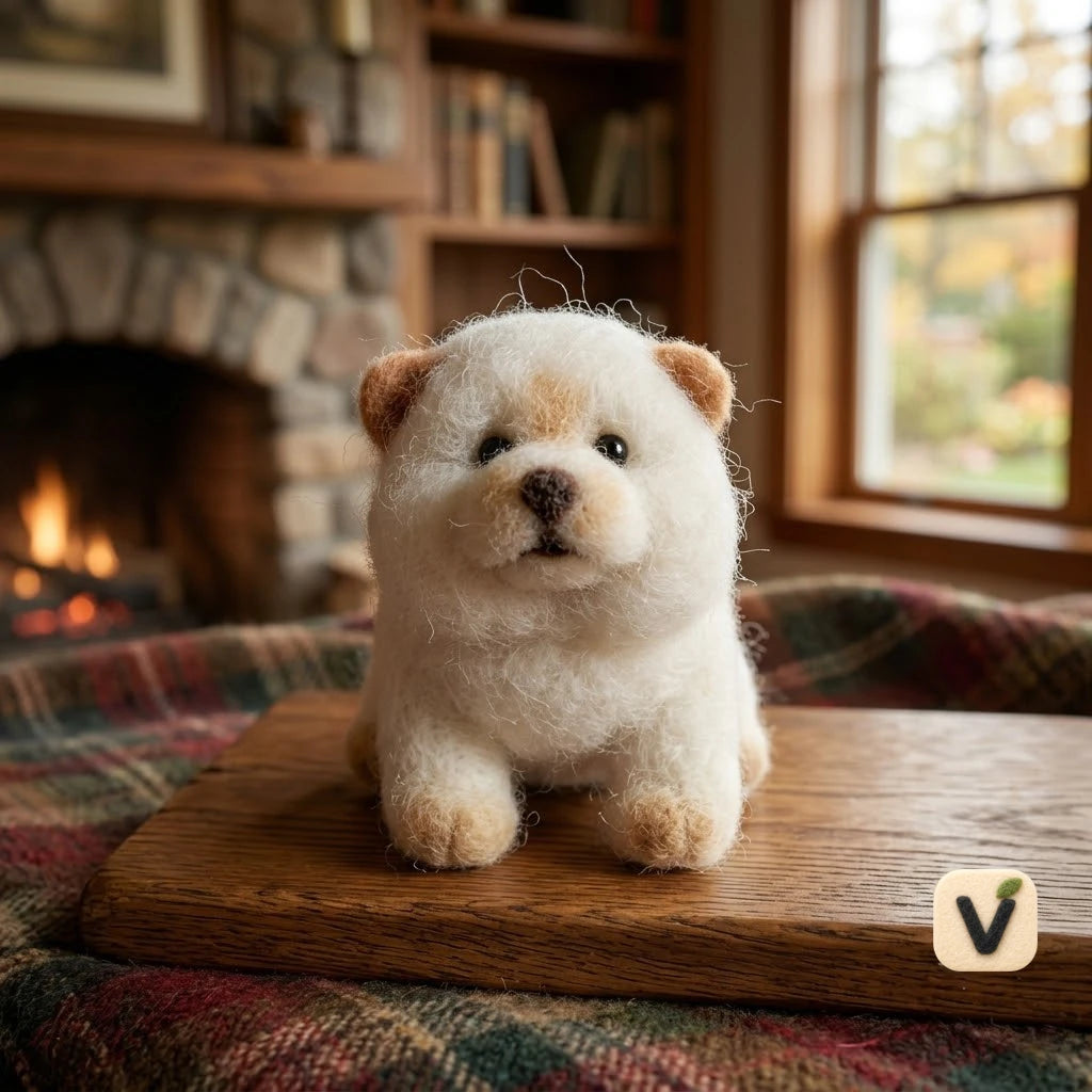 Handmade Wool Felt Fluffy White Puppy Figurine with Light Tan Details – Warm Home Furnishing Decor