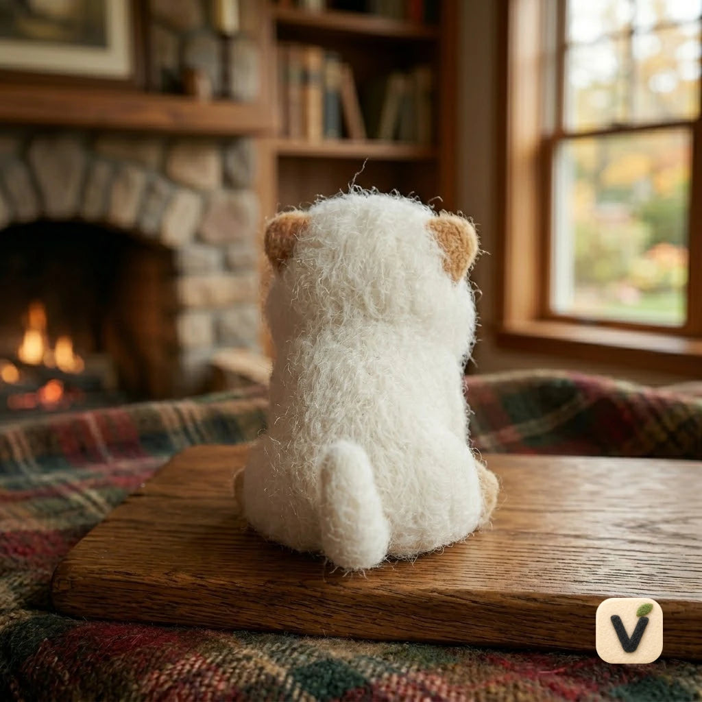 Handmade Wool Felt Fluffy White Puppy Figurine with Light Tan Details – Warm Home Furnishing Decor