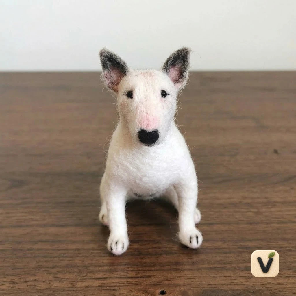 Handmade Wool Felt White Bull Terrier Figurine – Realistic Breed Dog Tabletop Decor