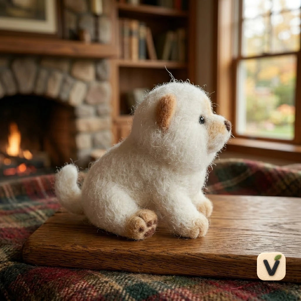 Handmade Wool Felt Fluffy White Puppy Figurine with Light Tan Details – Warm Home Furnishing Decor