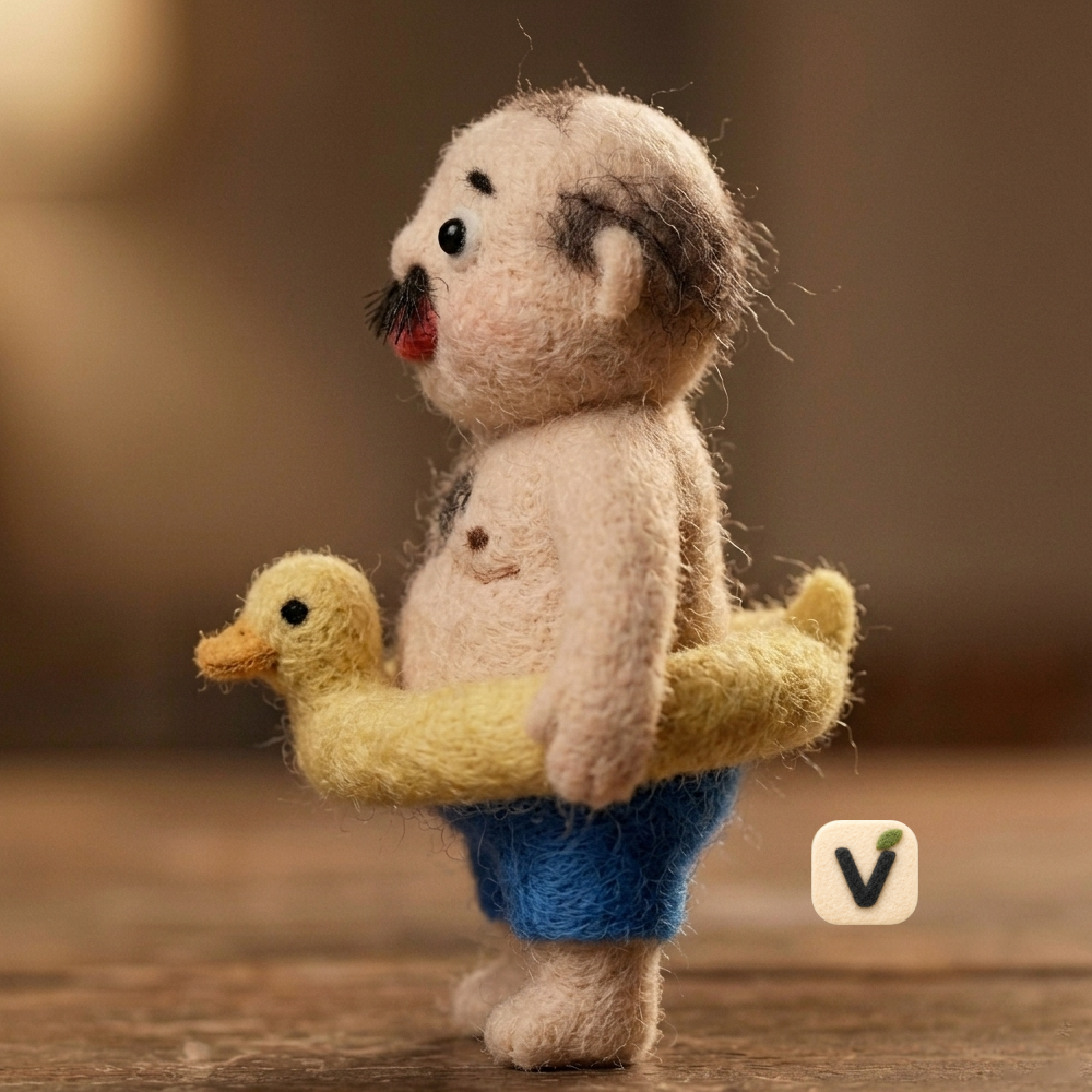 Handmade Wool Felt Chubby Man with Duck Swim Ring Figurine – Funny Summer Holiday Decor