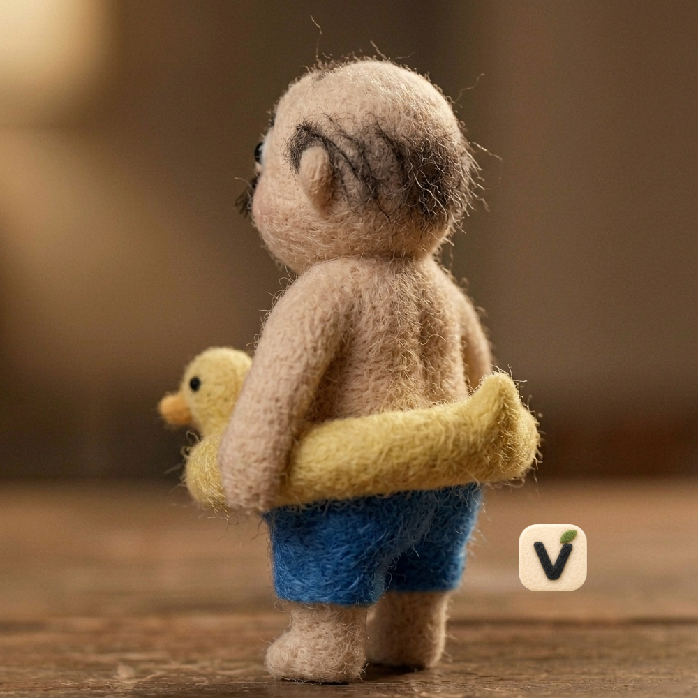 Handmade Wool Felt Chubby Man with Duck Swim Ring Figurine – Funny Summer Holiday Decor
