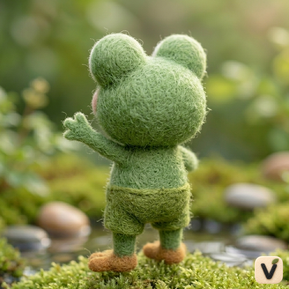 Handmade Wool Felt Cheerful Waving Green Frog Figurine – Cute Forest Nature Decor