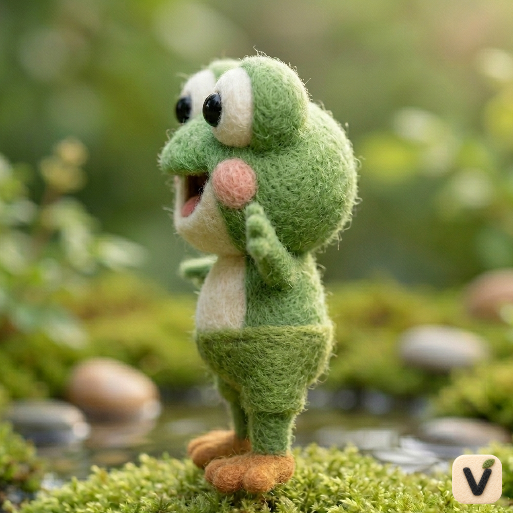 Handmade Wool Felt Cheerful Waving Green Frog Figurine – Cute Forest Nature Decor