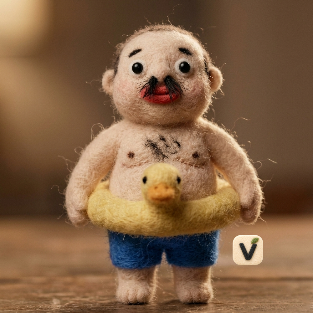 Handmade Wool Felt Chubby Man with Duck Swim Ring Figurine – Funny Summer Holiday Decor