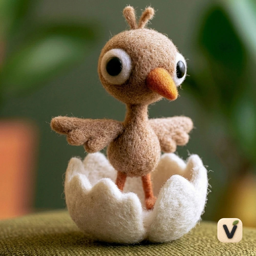Handmade Wool Felt Newly Hatched Baby Bird in Cracked Eggshell – New Life Themed Desktop Ornament