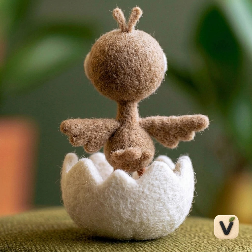 Handmade Wool Felt Newly Hatched Baby Bird in Cracked Eggshell – New Life Themed Desktop Ornament