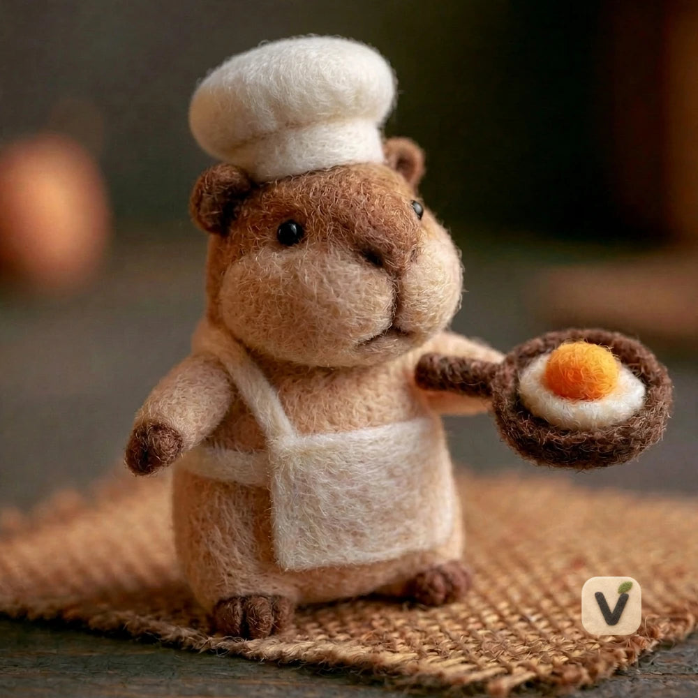Handmade Wool Felt Chef Capybara with Frying Pan and Fried Egg – Kitchen Themed Desktop Ornament