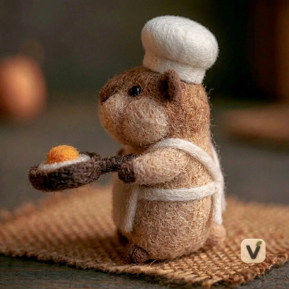 Handmade Wool Felt Chef Capybara with Frying Pan and Fried Egg – Kitchen Themed Desktop Ornament