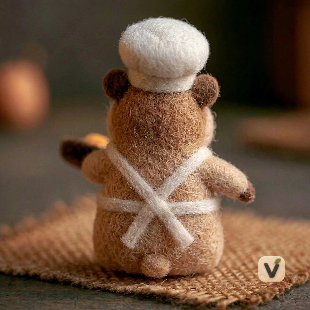 Handmade Wool Felt Chef Capybara with Frying Pan and Fried Egg – Kitchen Themed Desktop Ornament