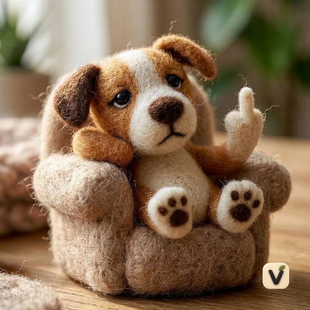 Handmade Wool Felt Lazy Puppy on Mini Sofa with Playful Gesture – Funny Relax Style Desktop Ornament