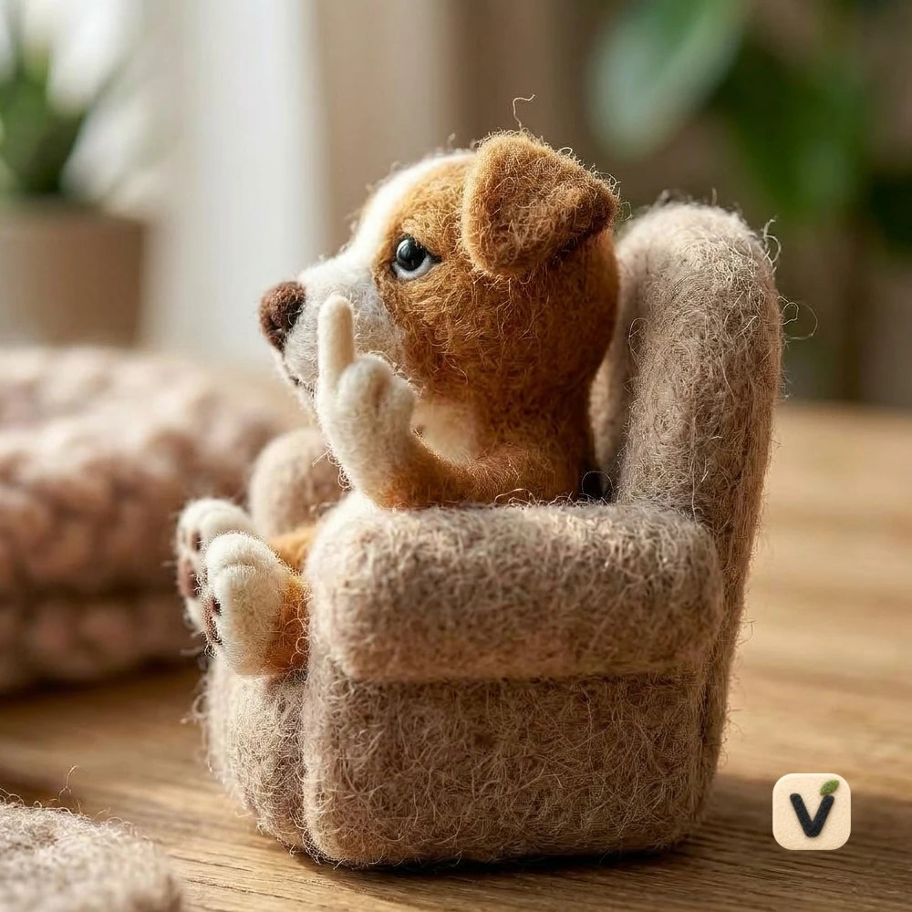 Handmade Wool Felt Lazy Puppy on Mini Sofa with Playful Gesture – Funny Relax Style Desktop Ornament