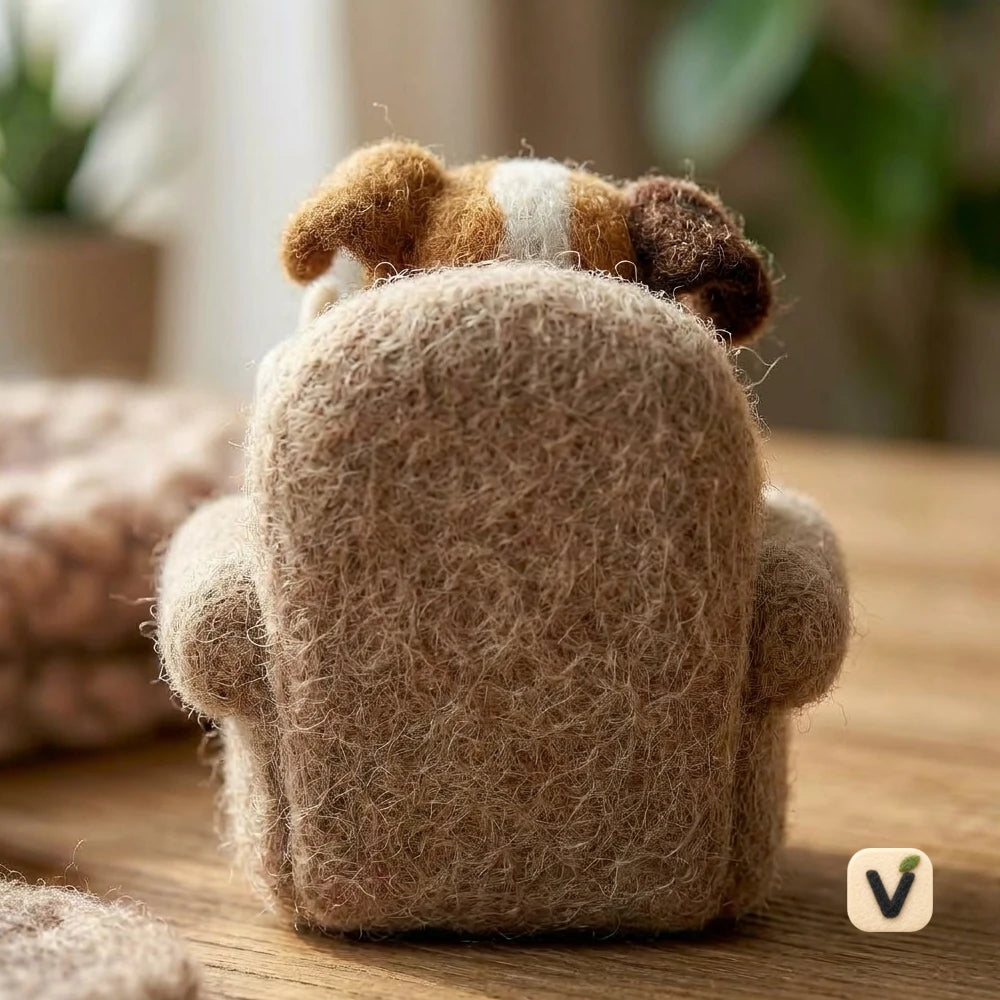 Handmade Wool Felt Lazy Puppy on Mini Sofa with Playful Gesture – Funny Relax Style Desktop Ornament