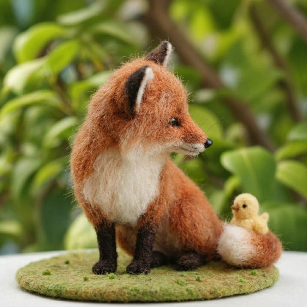 Handmade Wool Felt Fox with Little Duckling Figurine – Cute Wildlife Decor