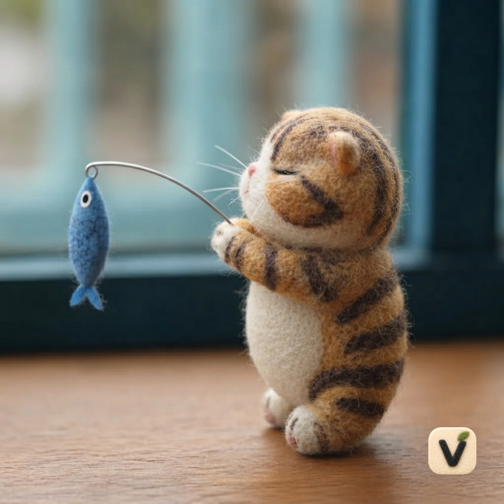 Handmade Wool Felt Fishing Cat Figurine – Cute Tabby Cat with Fish Decor