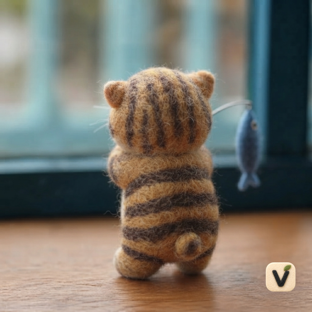 Handmade Wool Felt Fishing Cat Figurine – Cute Tabby Cat with Fish Decor
