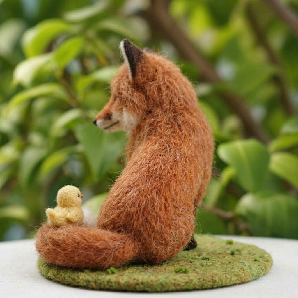 Handmade Wool Felt Fox with Little Duckling Figurine – Cute Wildlife Decor