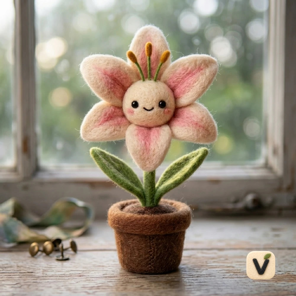 Handmade Wool Felt Cute Cartoon Lily Potted Figurine – Kawaii Floral Window Sill Decor