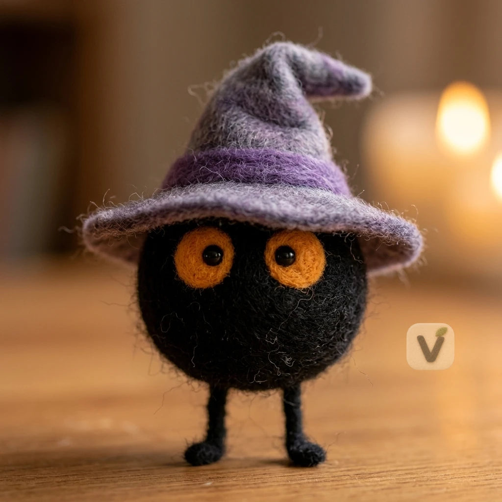 Handmade Wool Felt Halloween Soot Sprite Wizard Figurine with Purple Witch Hat – Holiday Desktop Ornament