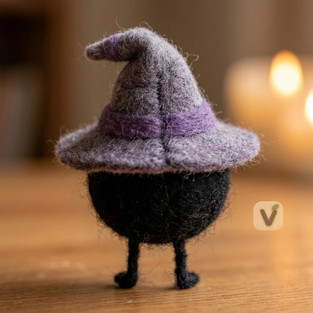 Handmade Wool Felt Halloween Soot Sprite Wizard Figurine with Purple Witch Hat – Holiday Desktop Ornament