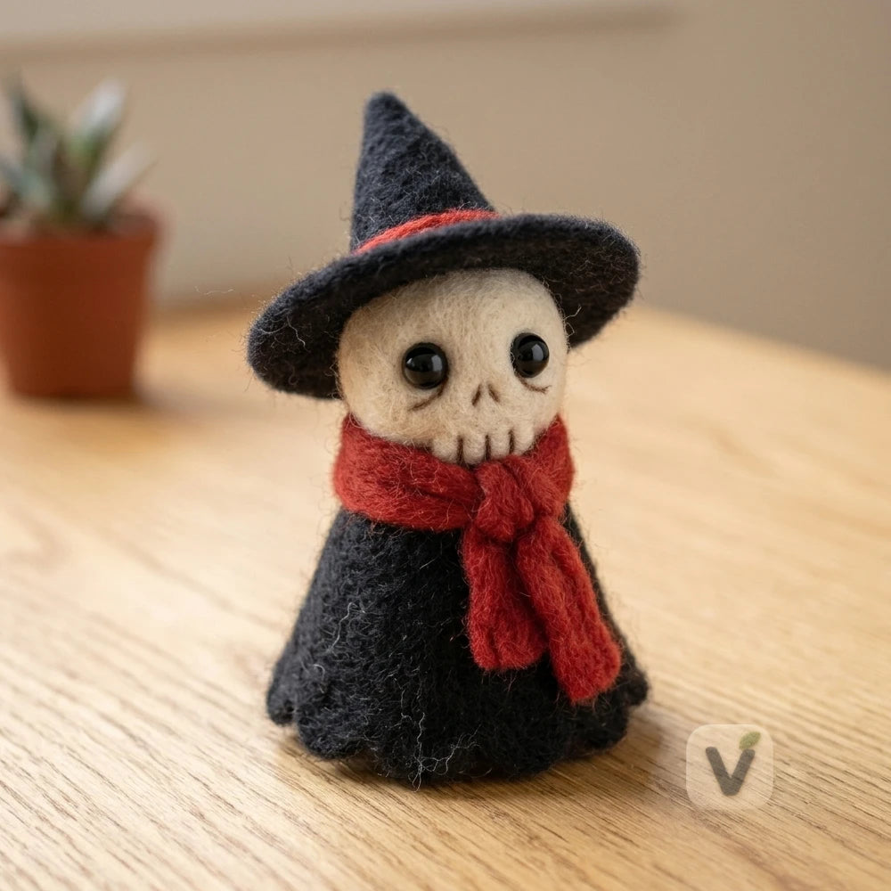 Handmade Wool Felt Halloween Skeleton Wizard Figurine with Witch Hat and Red Scarf – Holiday Desktop Ornament