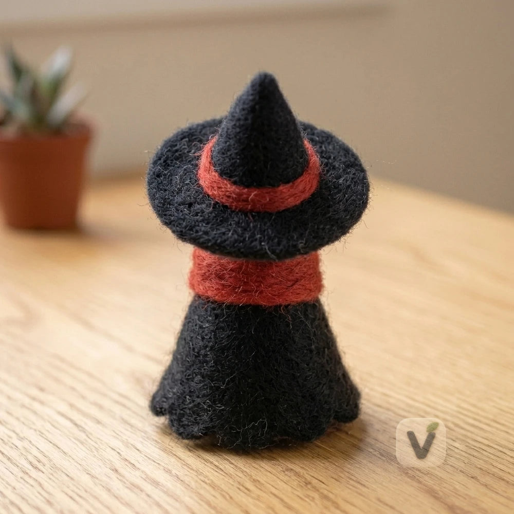 Handmade Wool Felt Halloween Skeleton Wizard Figurine with Witch Hat and Red Scarf – Holiday Desktop Ornament