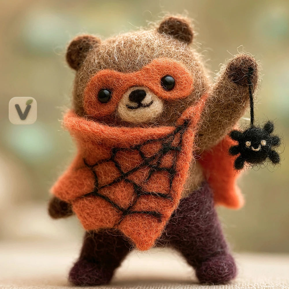 Handmade Wool Felt Halloween Super Bear Figurine with Spider Web Cape and Tiny Spider – Holiday Desktop Ornament