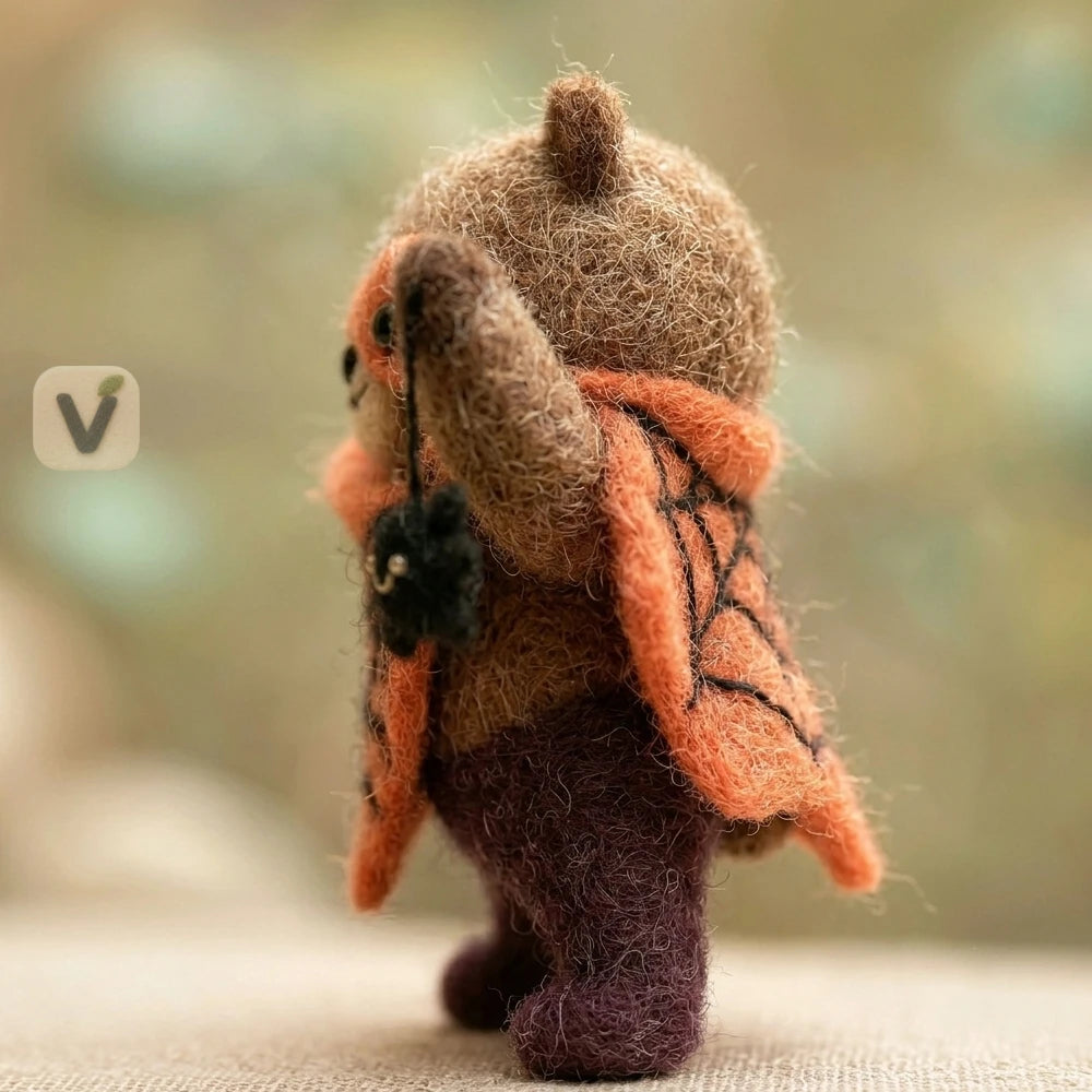 Handmade Wool Felt Halloween Super Bear Figurine with Spider Web Cape and Tiny Spider – Holiday Desktop Ornament