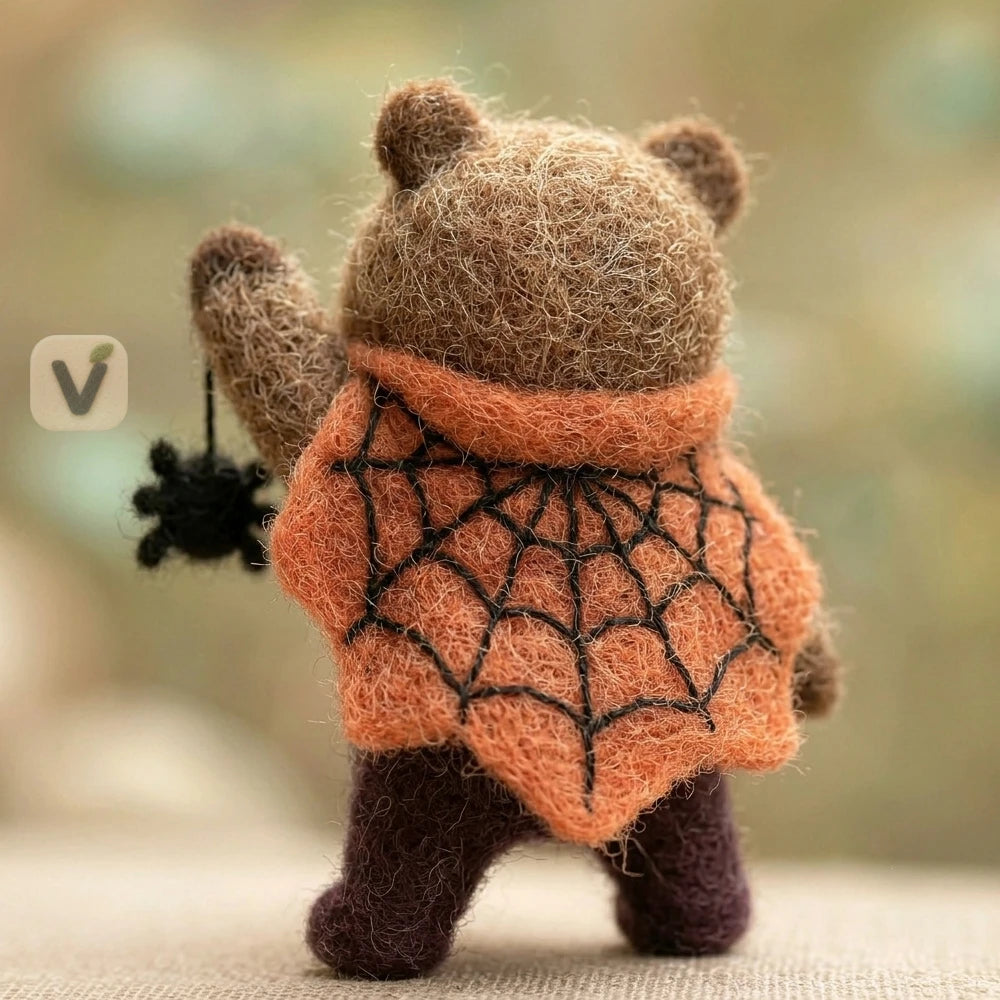 Handmade Wool Felt Halloween Super Bear Figurine with Spider Web Cape and Tiny Spider – Holiday Desktop Ornament