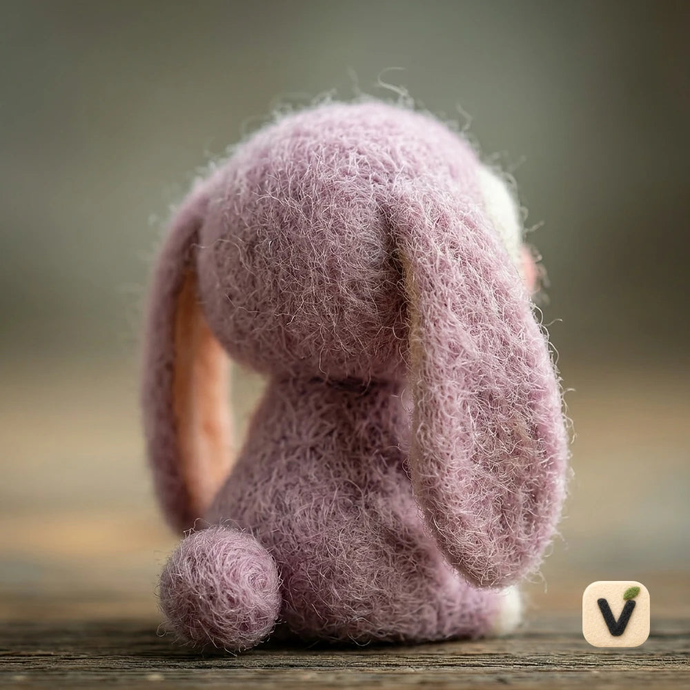 Handmade Wool Felt Pastel Purple Lop Ear Bunny Figurine – Cute Cartoon Rabbit Table Decor