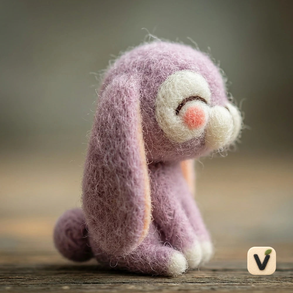 Handmade Wool Felt Pastel Purple Lop Ear Bunny Figurine – Cute Cartoon Rabbit Table Decor