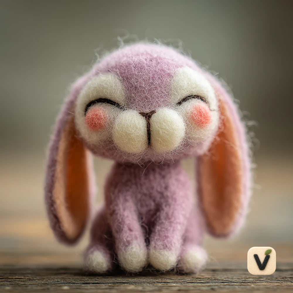 Handmade Wool Felt Pastel Purple Lop Ear Bunny Figurine – Cute Cartoon Rabbit Table Decor