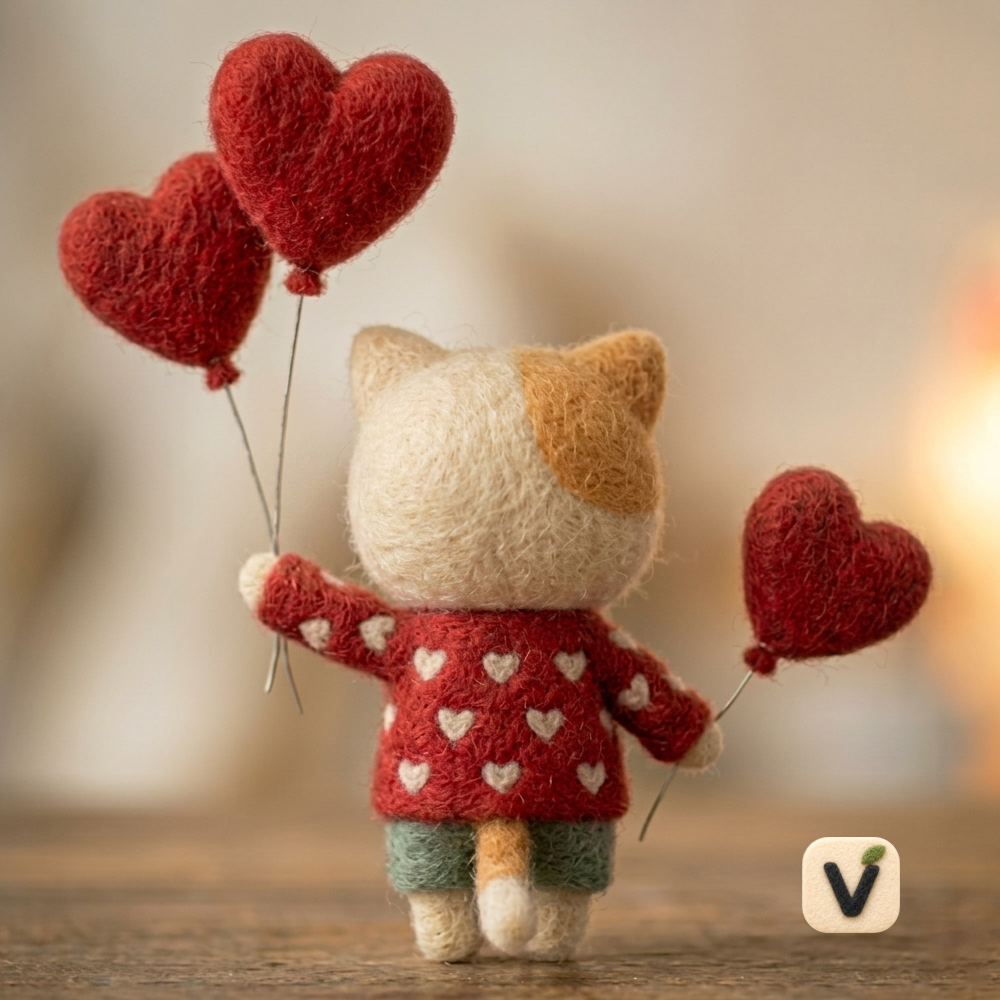 Handmade Wool Felt Calico Cat with Red Heart Balloons Figurine – Sweet Valentine’s Day Decor
