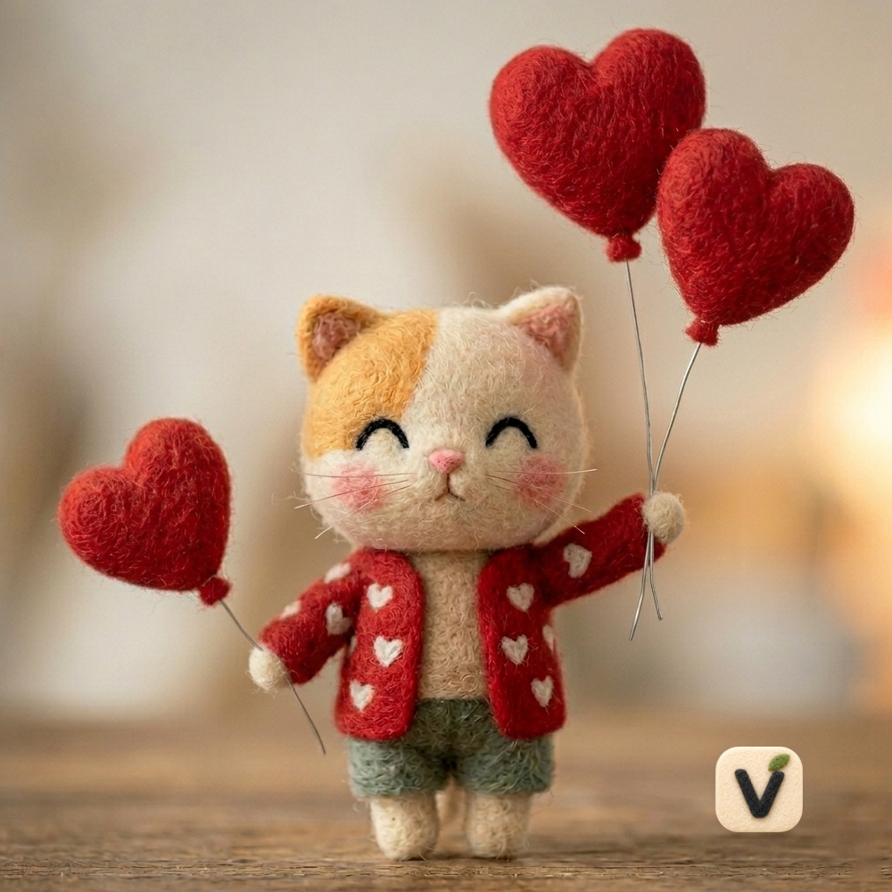 Handmade Wool Felt Calico Cat with Red Heart Balloons Figurine – Sweet Valentine’s Day Decor