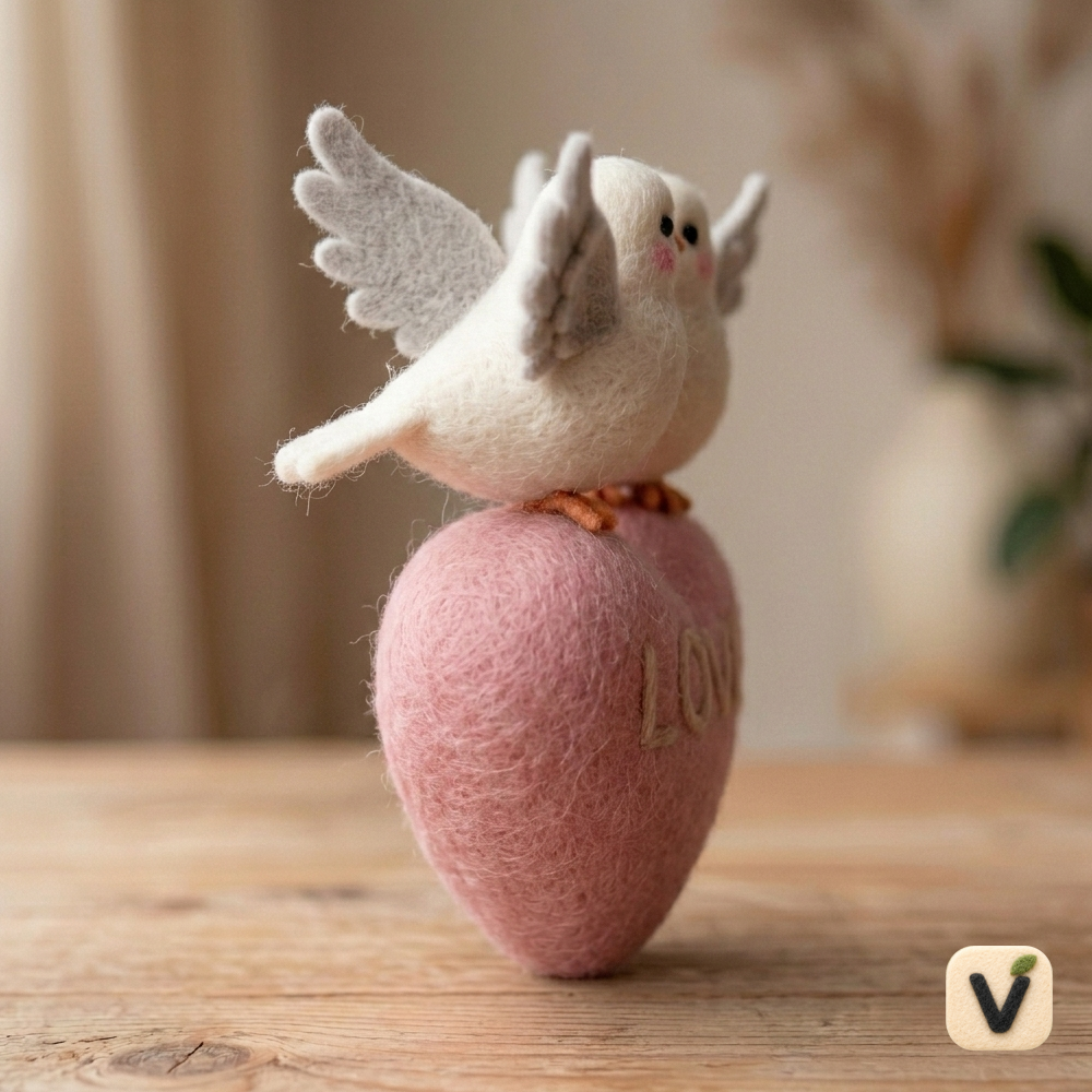 Handmade Wool Felt Pair of Love Doves on Pink Heart with “Love” Letter Figurine – Wedding & Valentine Decor