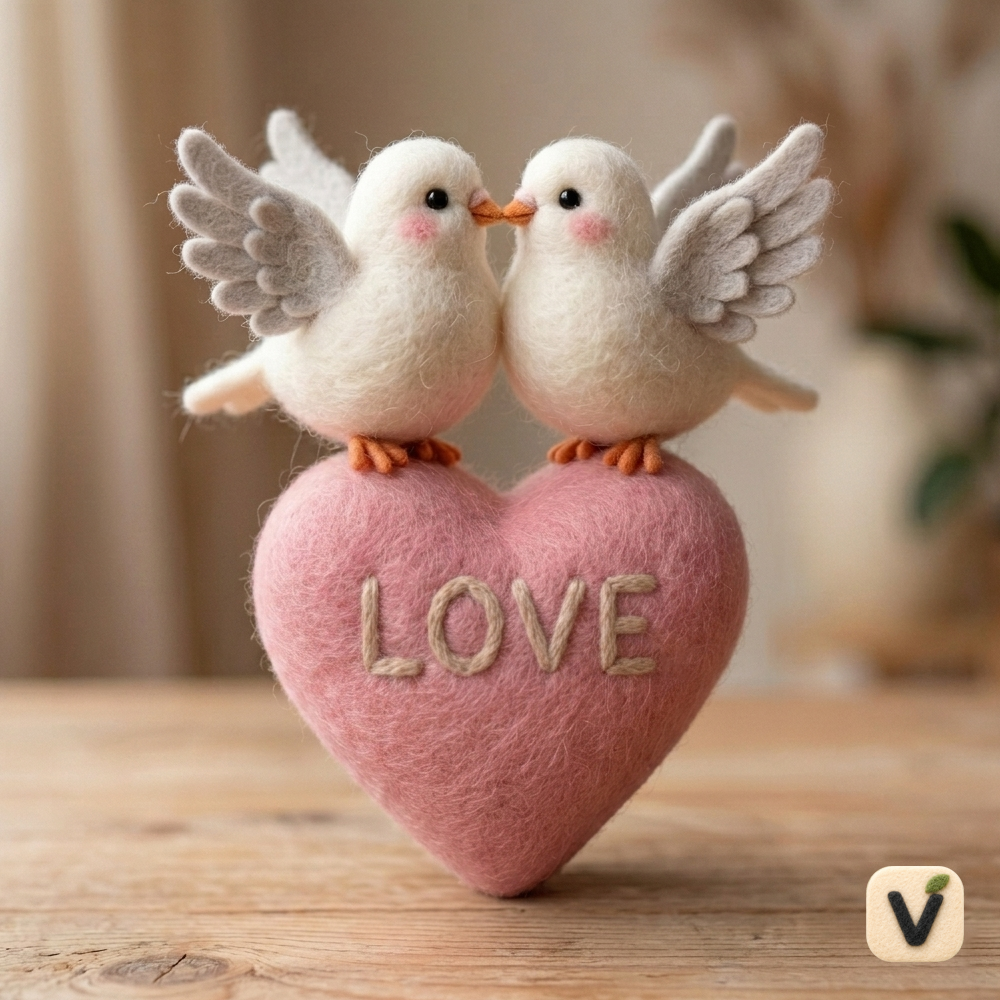 Handmade Wool Felt Pair of Love Doves on Pink Heart with “Love” Letter Figurine – Wedding & Valentine Decor