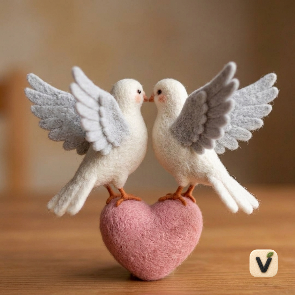 Handmade Wool Felt Pair of Love Doves on Pink Heart with “Love” Letter Figurine – Wedding & Valentine Decor