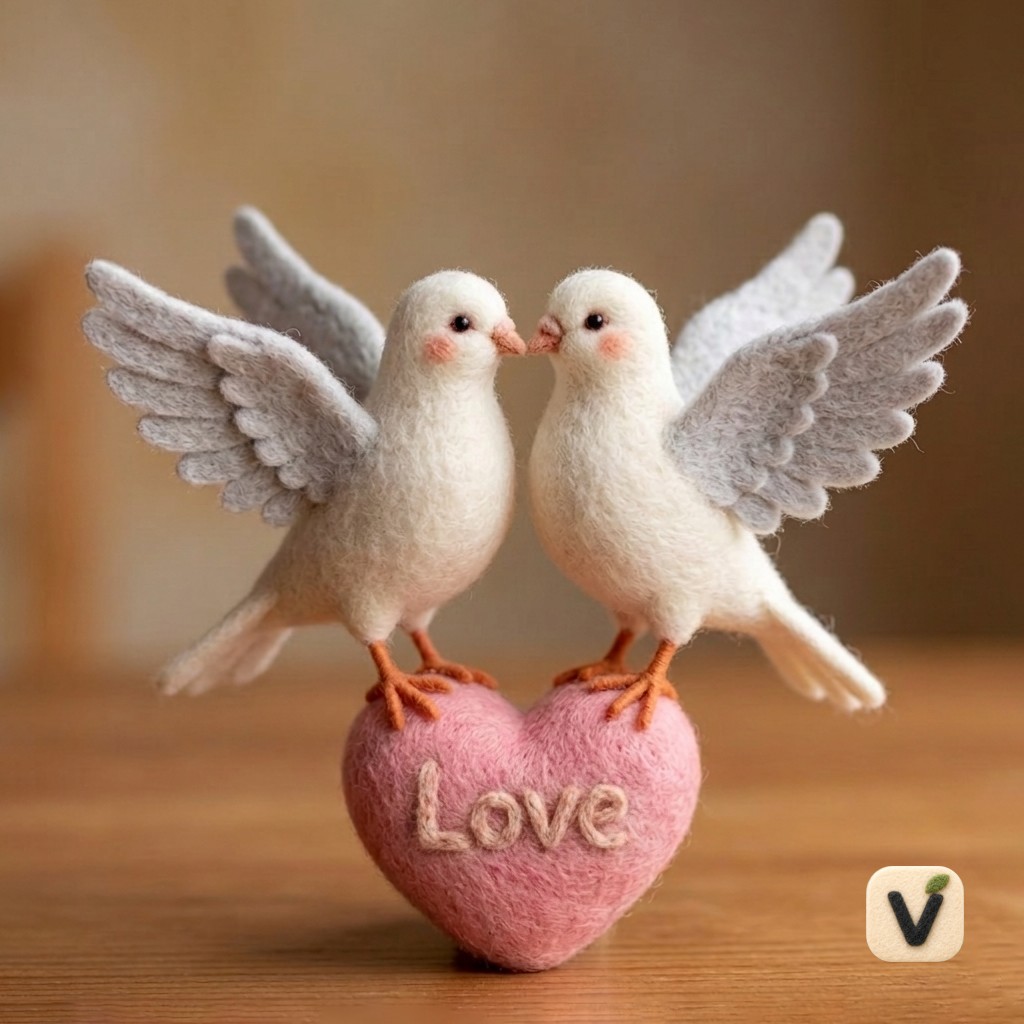 Handmade Wool Felt Pair of Love Doves on Pink Heart with “Love” Letter Figurine – Wedding & Valentine Decor