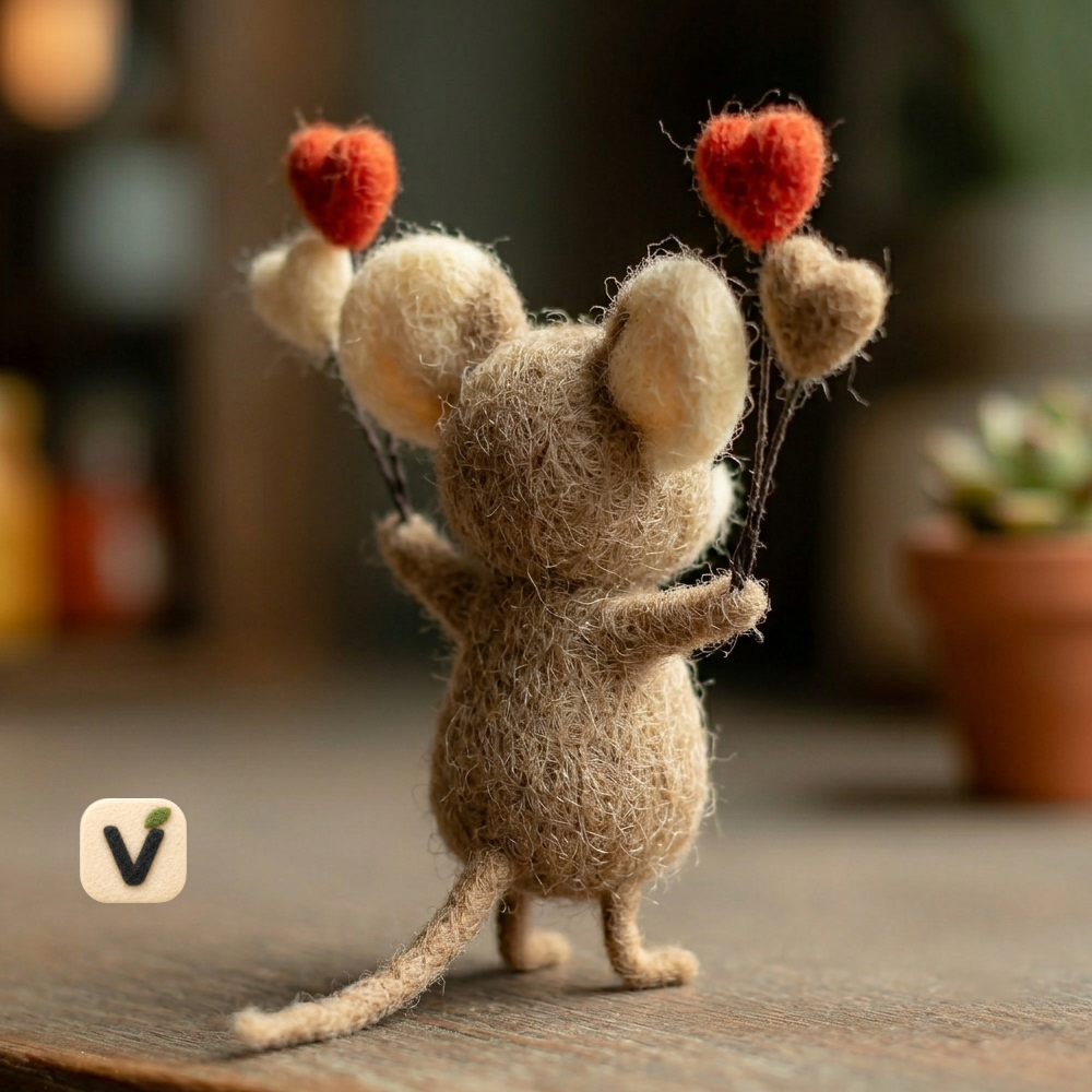 Handmade Wool Felt Brown Mouse Holding Four Heart Balloons Figurine – Romantic Valentine Decor