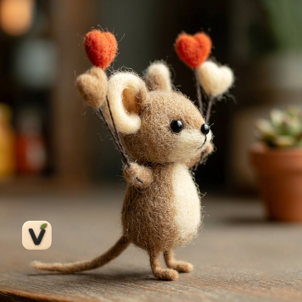 Handmade Wool Felt Brown Mouse Holding Four Heart Balloons Figurine – Romantic Valentine Decor