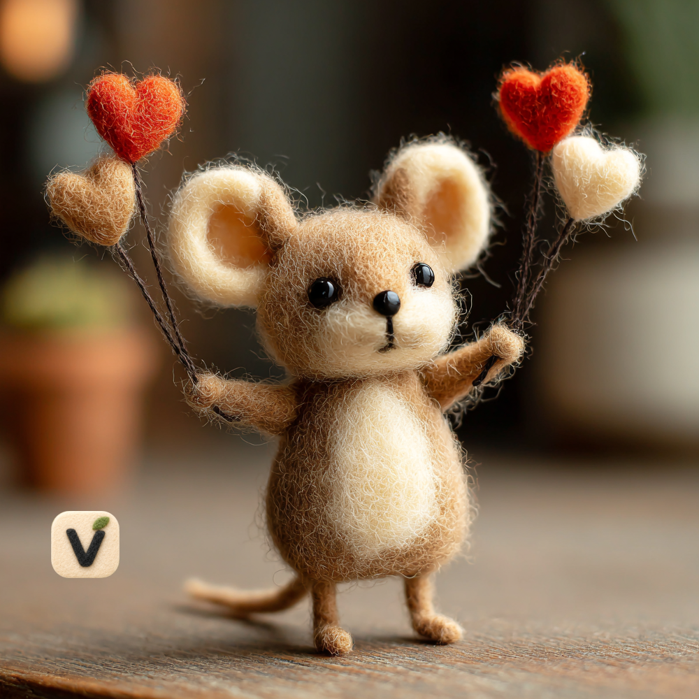 Handmade Wool Felt Brown Mouse Holding Four Heart Balloons Figurine – Romantic Valentine Decor