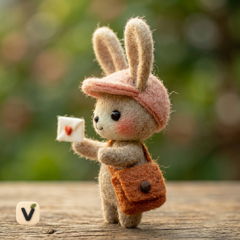 Handmade Wool Felt Postman Bunny with Love Letter Figurine – Sweet Valentine Messenger Decor