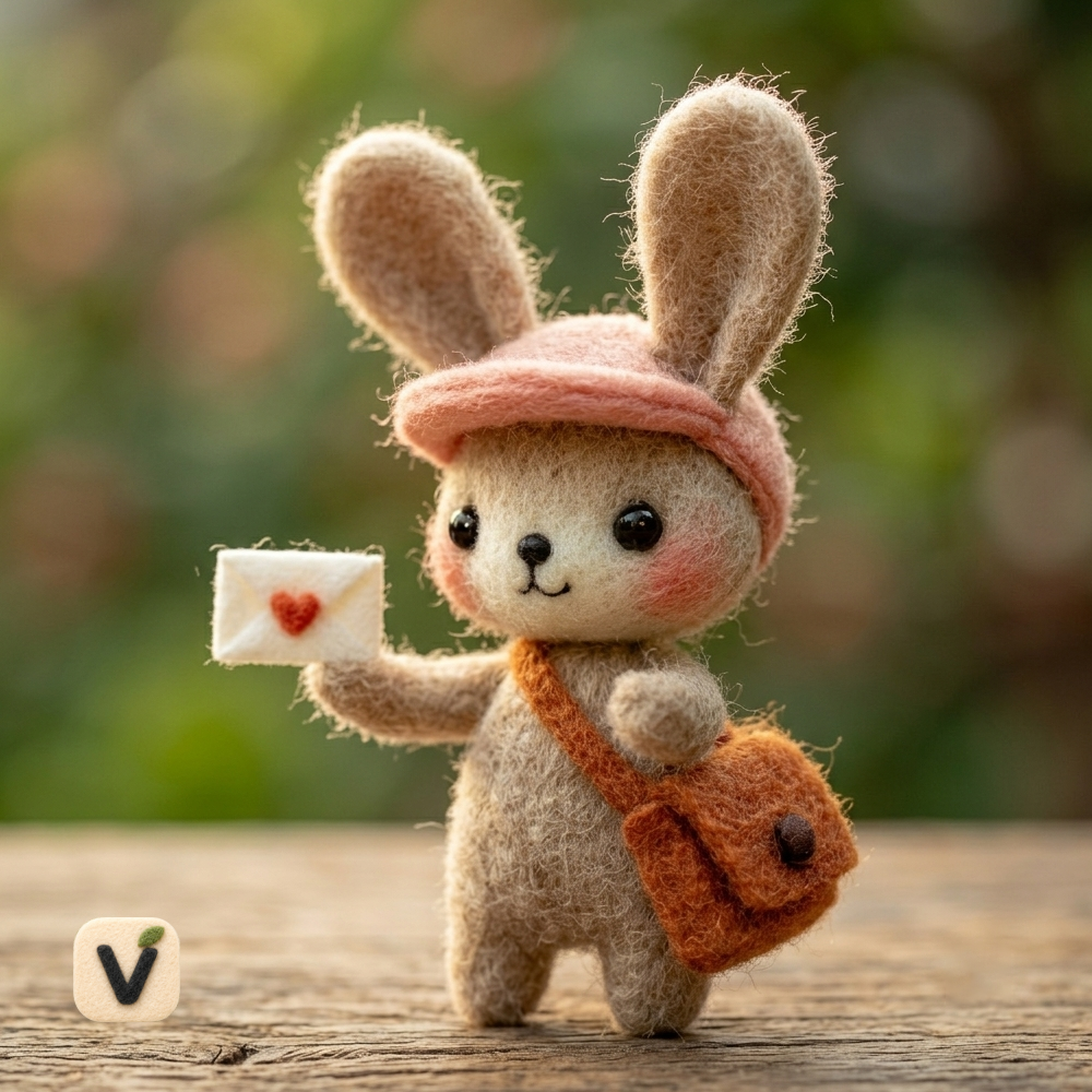 Handmade Wool Felt Postman Bunny with Love Letter Figurine – Sweet Valentine Messenger Decor