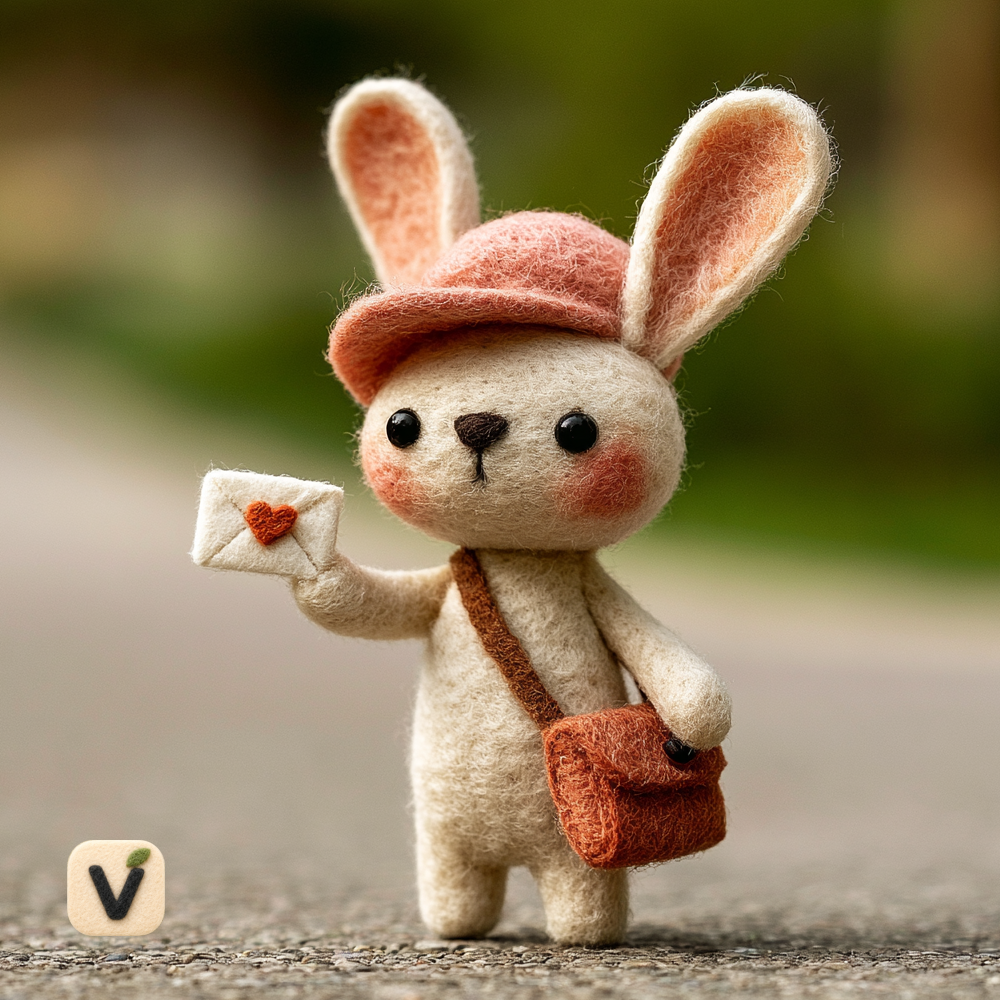 Handmade Wool Felt Postman Bunny with Love Letter Figurine – Sweet Valentine Messenger Decor