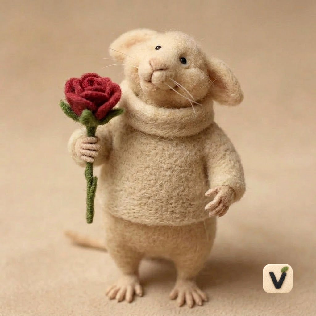 Handcrafted Wool Felt Cute Mouse Figurine in Knit Sweater with Flower