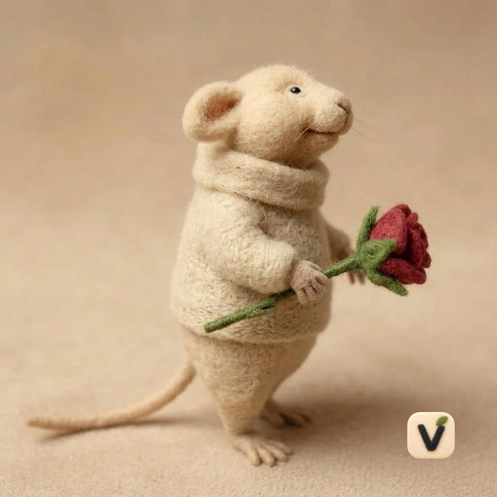 Handcrafted Wool Felt Cute Mouse Figurine in Knit Sweater with Flower