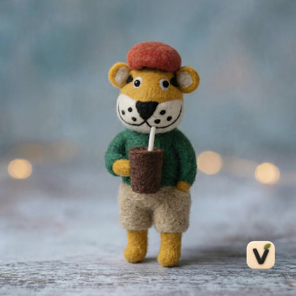 Handcrafted Wool Felt Coffee-Loving Tiger Ornament - Cute Artistic Felt Charm